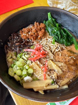 Shiitake & Porcini broth. Add spicy miso, vegan meat, and water spinach  at Ramen Dayo in Glasgow