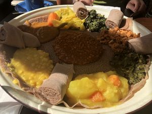 Vegetarian platter for three at Lucy Ethiopian Cafe in Boston