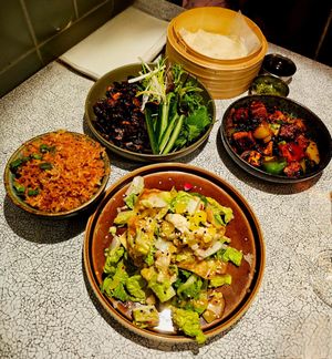 the ssam experience (chili mushrooms), funky salad (grilled baby gem) at KOKUMY in Frankfurt