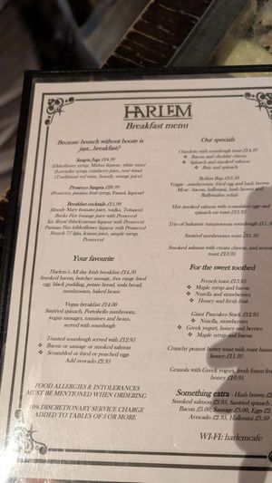 Menu September 2025 at Harlem Cafe in Belfast
