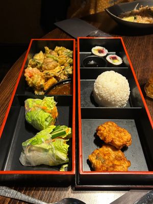 Vegan Healthy Bento Box (with Tempura Veg, Thai Corn Cakes, Vietnamese Fresh Vegetable Spring Rolls, Vegetable Maki Sushi)  at Fusion in Durham