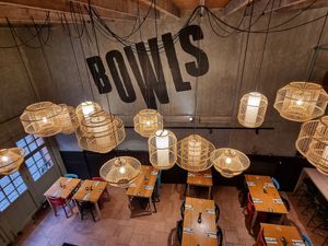 View from upstairs looking down at Bowls in Bruges