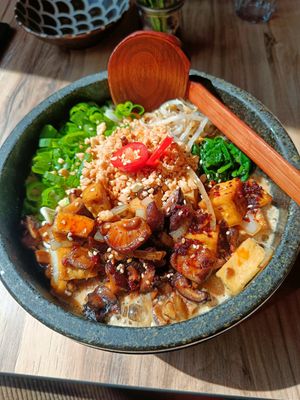 Hot noodle soup at Bowls in Bruges