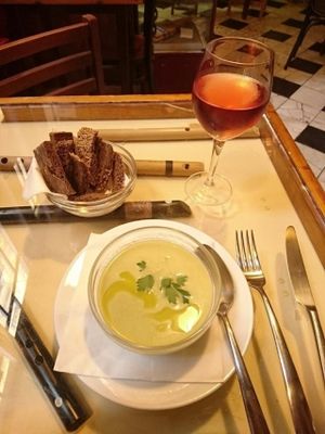 Soup, rosé wine & brown bread at La Cereria in Barcelona