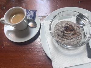 Chia pudding + an espresso  at La Cereria in Barcelona