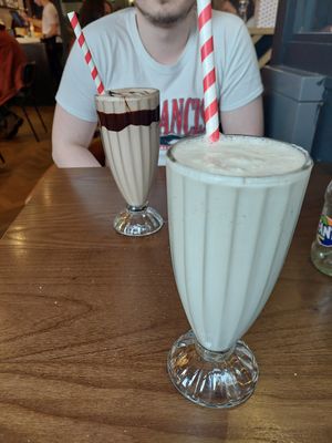 Vegan chocolate milkshake and vegan vanilla milkshake at Bread Meats Bread - North Bridge in Edinburgh