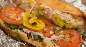 Mediterranean Veggie Sandwich with no feta and sliced provolone. sub vegan cheese at Pizza Donisi in Louisville