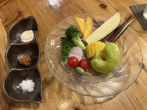 very fresh colourful salad! tasty dressings!  at Farmers Osusowake Hanamame - はな豆 in Tokyo