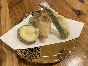 crispy no egg used tempura. low colory with 50% less oil absorption   at Farmers Osusowake Hanamame - はな豆 in Tokyo