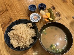 Genmai (brown rice) with miso soup  at Farmers Osusowake Hanamame - はな豆 in Tokyo
