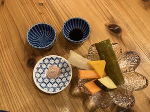 Pickles + magic vegan TKG (egg over rice) formula  at Farmers Osusowake Hanamame - はな豆 in Tokyo