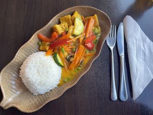 “Exotic” vegetables & tofu with Mango sauce - quite sweet but tasty  at Asia Nativ in Hannover