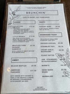 Menu brunch   at Oscar's Cafe in St Neots