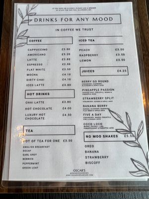 Menu drinks   at Oscar's Cafe in St Neots