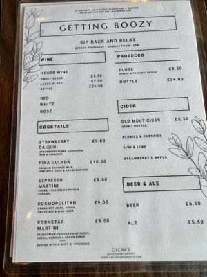 Menu alcoholic drinks   at Oscar's Cafe in St Neots
