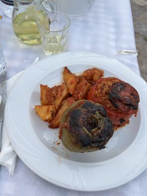 Gemista (stuffed tomato and pepper with rice)  at Annita Ydra in Idra