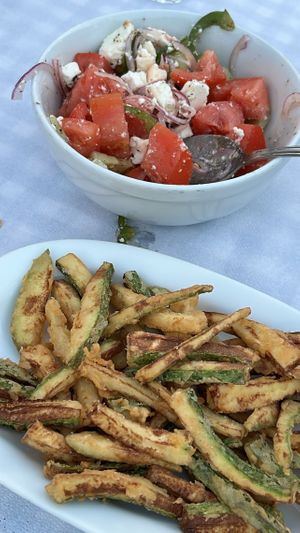 Fried Zucchini + Greek Salad (vegetarian)  at Annita Ydra in Idra