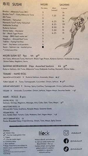 V= vegan, v*= can be made vegan at Shoku Izakaya in Banff