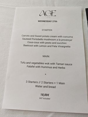 Menu at Age of Aquarius in Barcelona