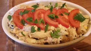 curried pasta, veg and fruit salad at Karen's Kitchen Troviscais Odemira in Troviscais