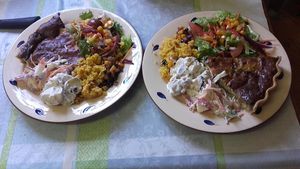 spinach , leek and feta quiche with lots of tast fresh salads at Karen's Kitchen Troviscais Odemira in Troviscais