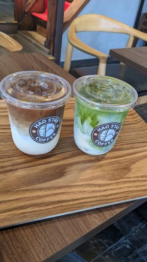 🧊🍵 Iced Matcha Latte - with Oat milk (880¥ | 5.8$)
           
🧊☕ Iced Caramel Latte - with Oat milk (880¥ | 5.8$) at Haostay Coffee in Fujikawaguchiko