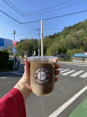 Iced hojicha with oat milkk  at Haostay Coffee in Fujikawaguchiko