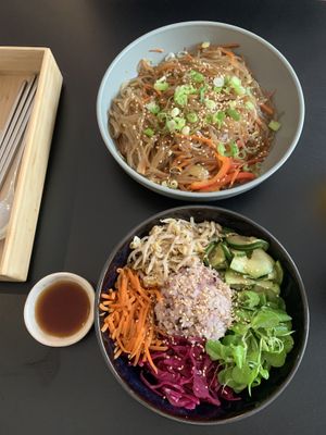 Vegan rice noodle dish and veggie bibimbap   at Kopan in Copenhagen