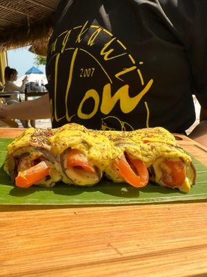 Eggplant rolls: eggplants, tomatoe, tofunnaise, tempeh, grilled and baked.  at Yellow Beach Cafe in Langkawi