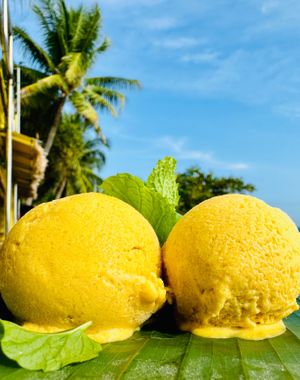 Homemade vegan mango sorbet. Perfect dessert for a hot day.  at Yellow Beach Cafe in Langkawi