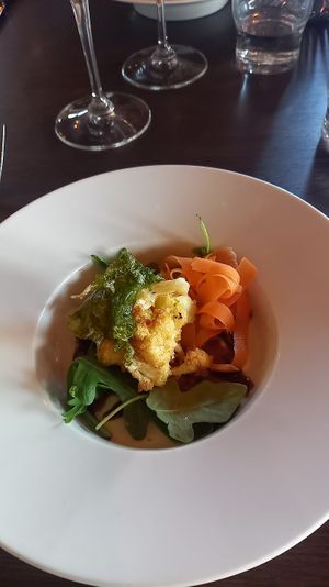 Deep fried cauliflower, marinated carrots + balsamic dressing.  at Troll Restaurant in Trondheim