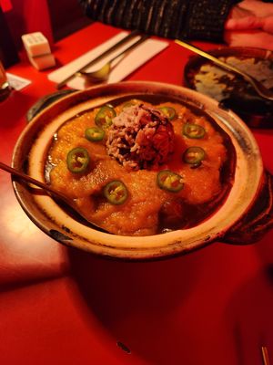 Topped Up. Tofu braised in soy sauce with sweet potato puree topping. I disliked this a lot, very sloppy and unpleasant, not enough rice. I couldn't finish the small serving I gave myself. My husband said it was ok.  at Green Light District 红灯区 in Dusseldorf