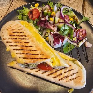 Cheese, pesto & tomatoe panini at Gray's Of Rothwell in Rothwell