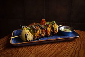 Tandoori Paneer Shashlik with Peppers - cottage cheese, peppers, onion spiced in Tandoori marinade, chargrilled.  at Infuse Modern Indian Bistro in St Albans