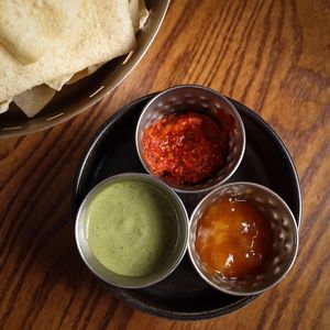 Poppadum (GF)(vegan), with chutneys at Infuse Modern Indian Bistro in St Albans