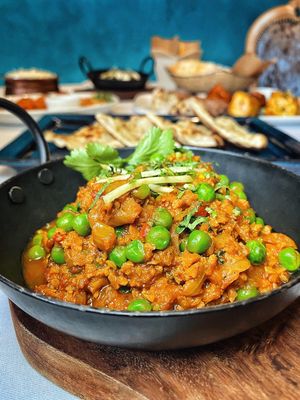 Soya Keema Matar - Vegan 
Soy mince and garden peas spiced with ginger and royal cumin at Infuse Modern Indian Bistro in St Albans