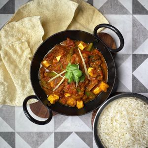 Paneer Jalfrezi - vegetarian 
Cottage cheese cubes, peppers and onion tossed in spicy Jalfrezi curry  at Infuse Modern Indian Bistro in St Albans