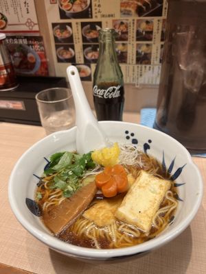 Vegan ramen with carrots, sweet potato, tofu, etc  at Yoroiya Ramen in Tokyo