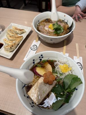 Vegan ramen closest to bottom (with tofu) and vegan gyoza    at Yoroiya Ramen in Tokyo