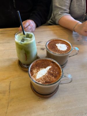 Raspberry and Rhubarb Matcha with Oat Milk, and two Vegan Vanilla Chai Lattes with Soya Milk at Flat White Kitchen in Durham