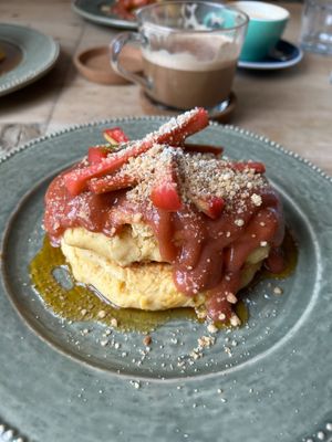 Vegan Rhubarb Crumble Pancakes at Flat White Kitchen in Durham