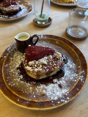 Vegan Poached Pear, Walnut Crumble, and Custard Pancakes at Flat White Kitchen in Durham