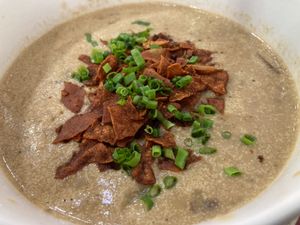 Clam chowder - notice the heart in the lower right corner. 🤗 at Love It Vegan  in Torrington