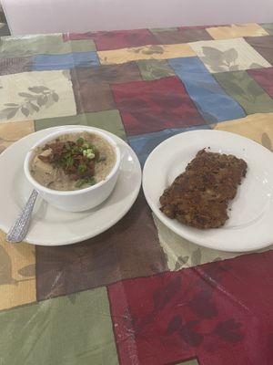 “Clam” chowder and corned bean hash  at Love It Vegan  in Torrington