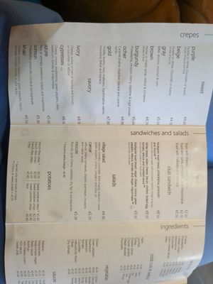 Menu, the cypresses crepe and club sandwich and village salad can be done vegab at Colours Crêperie in Kakopetria