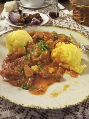 There's really just one vegan dish that's not a salad or side dish. Polenta with mushrooms in tomato and bell peppers, it was good even though I don't like peppers. at Sergiana in Brasov