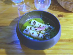 Arugula cream and roasted leeks at La Belle Verte in Toulouse