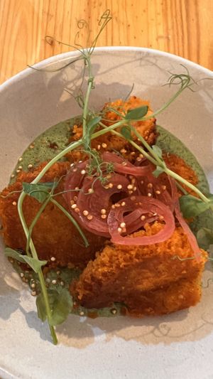 Buckwheat & sweet potato "dumplings" on chervil creamm  at La Belle Verte in Toulouse