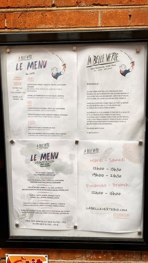 Menu, story, times.  at La Belle Verte in Toulouse