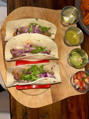 “Fish” tacos made from hearts of palm🩵  at The Ginger Mule in Houston